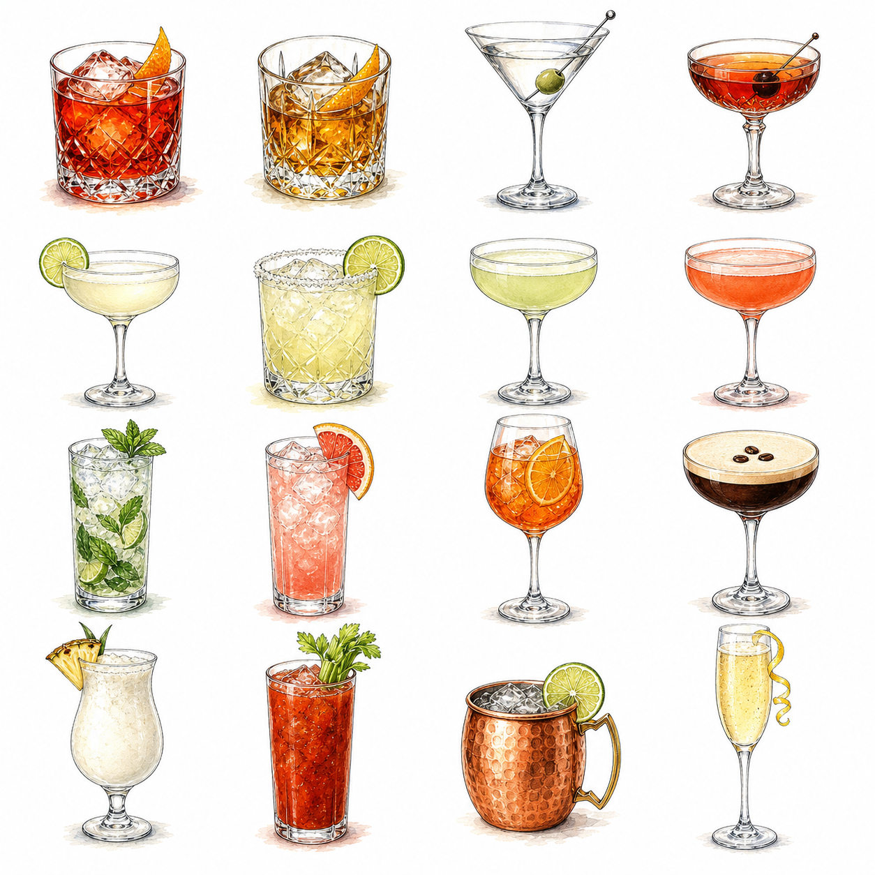 Ink-and-watercolor serving-style illustration for Negroni; appearance and garnish may vary.
